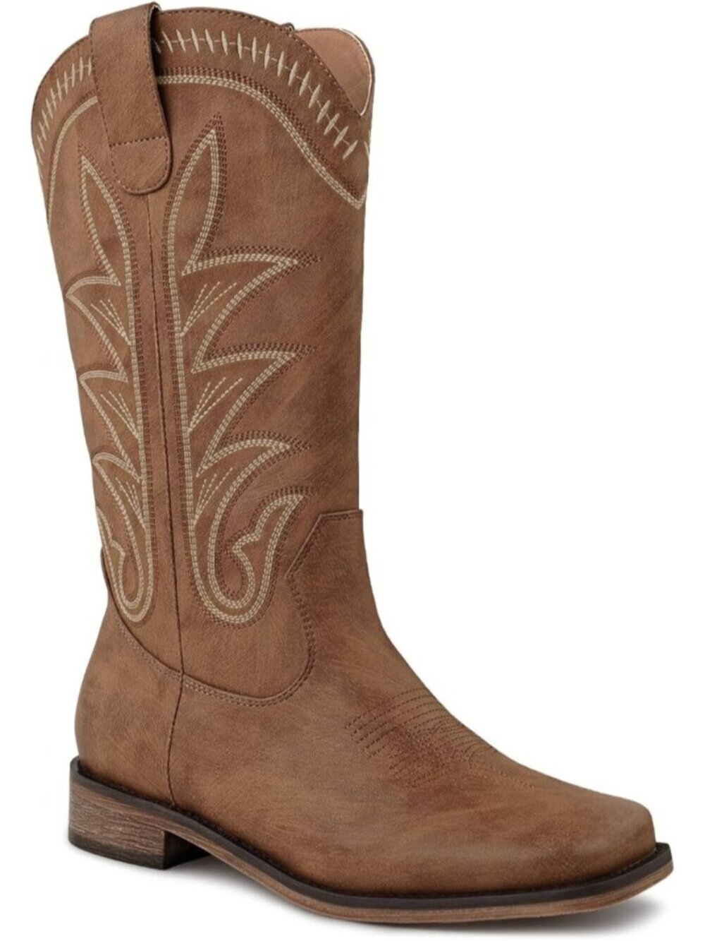 Women's Brown Square Toe Mid Calf Chunky Heel Classic Fall Western Cowgirl Boots